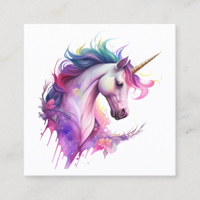Unicorn Fantasy Watercolor Square Business Card (Front)