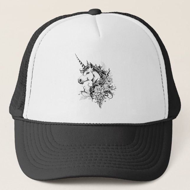 Unicorn Fantasy Wild Animal Illustration Art Tatto Trucker Hat (Front)