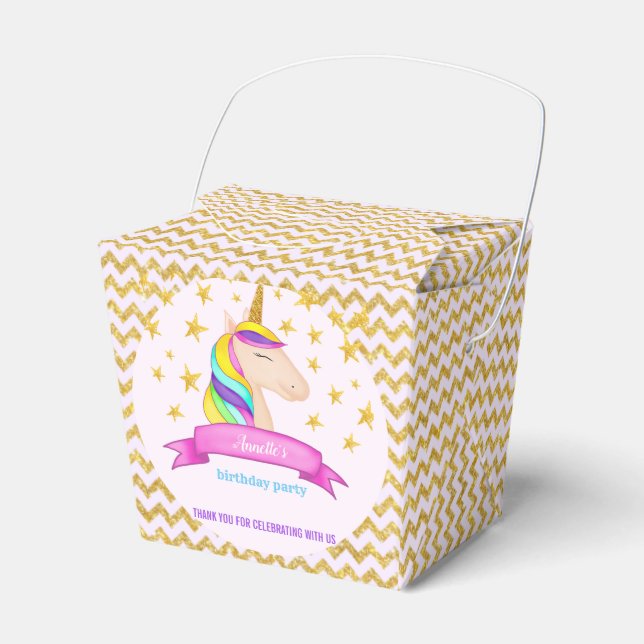 Unicorn Faux Gold Glitter Chevron | Birthday Party Favor Boxes (Front Side)