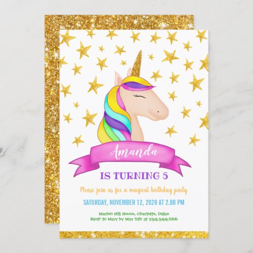 Unicorn Faux Gold Glitter Stars  Birthday Invitation