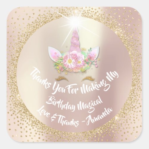 Unicorn Favor Pink Thanks Floral Spark Glitter Square Sticker