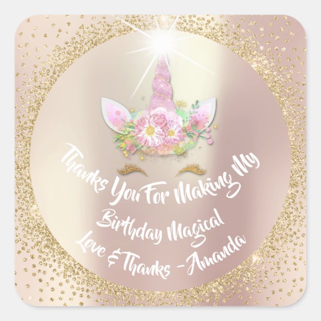 Unicorn Favor Pink Thanks Floral Spark Glitter Square Sticker (Front)