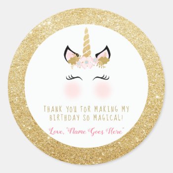 Unicorn Favor Sticker- Glitter Gold And Pink Classic Round Sticker by SimplySweetParties at Zazzle