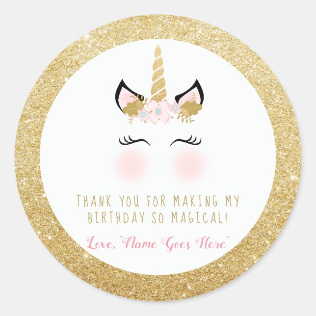 Unicorn Favor Sticker- Glitter gold and pink Classic Round Sticker (Front)