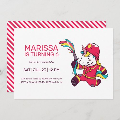 Unicorn Firefighter Cartoon Kids Birthday Invitation