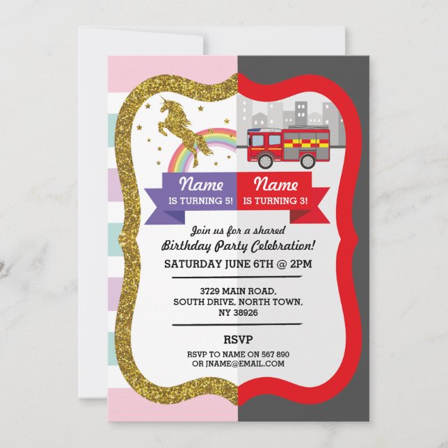 Unicorn Firetruck Boy Girl Birthday Shared Fun Invitation (Front)