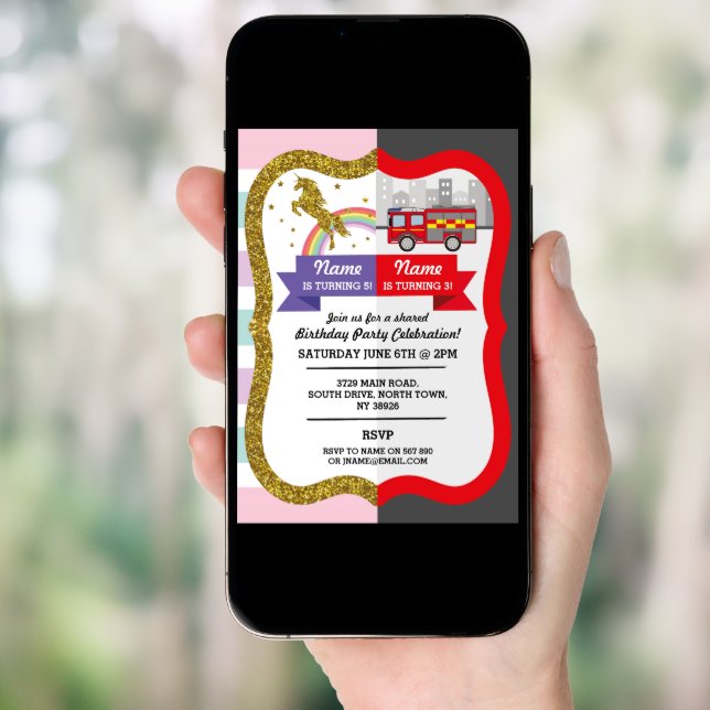 Unicorn Firetruck Boy Girl Birthday Shared Fun Invitation (Front Digital)