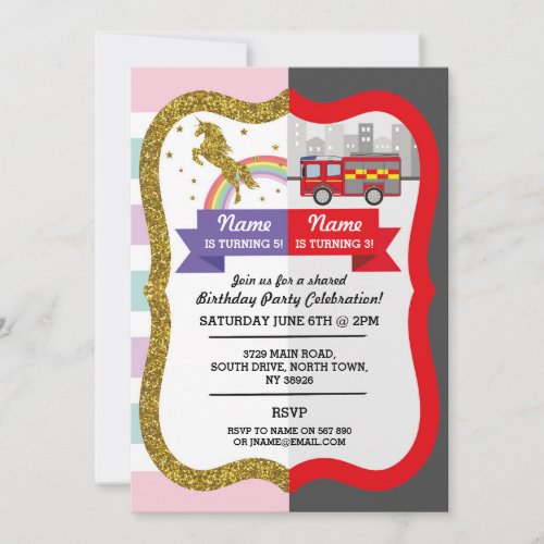 Unicorn Firetruck Boy Girl Birthday Shared Fun Invitation