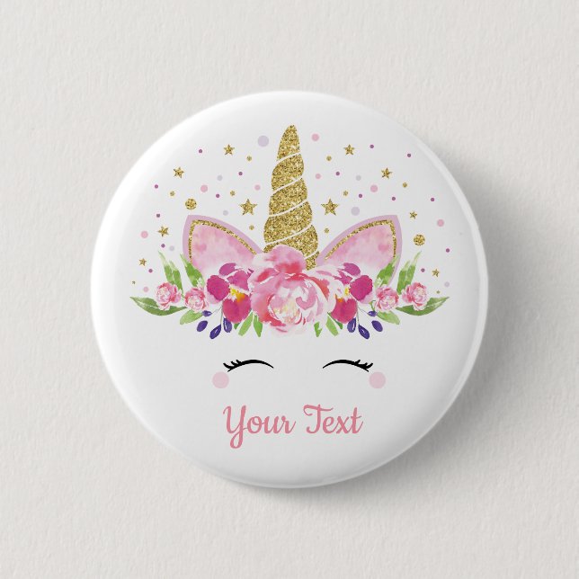 Unicorn First 1st Birthday Party Favors Floral Button (Front)