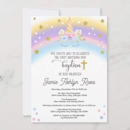 Unicorn first birthday and baptism invitation invitation