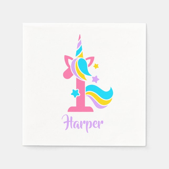 Unicorn First Birthday Pink and Purple Napkins (Front)