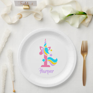 Unicorn First Birthday Pink and Purple Photo Paper Plates