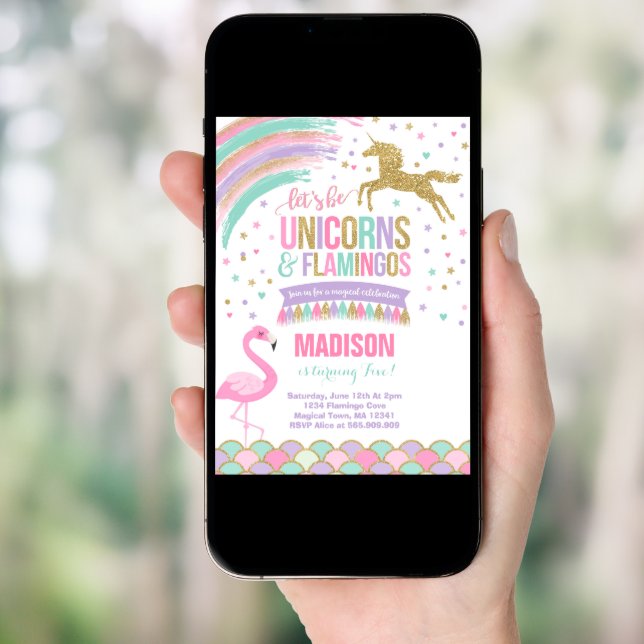 Unicorn & Flamingo Birthday Invitation Magic Party (Front Digital)