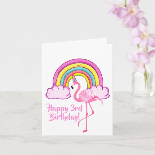 Unicorn Flamingo Magical Rainbow Girl 3rd Birthday Card