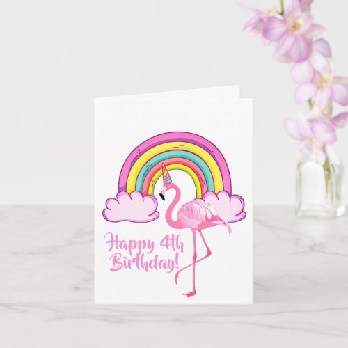 Unicorn Flamingo Magical Rainbow Girl 4th Birthday Card