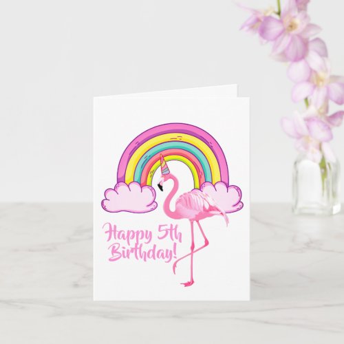 Unicorn Flamingo Magical Rainbow Girl 5th Birthday Card
