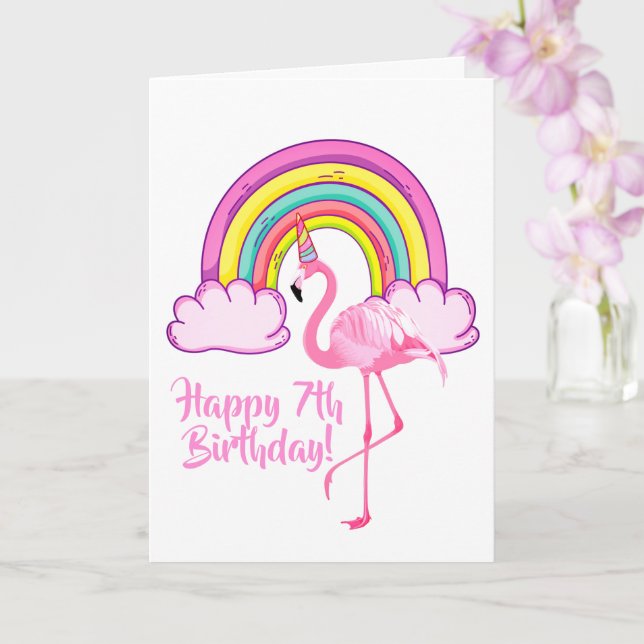 Unicorn Flamingo Magical Rainbow Girl 7th Birthday Card (Orchid)