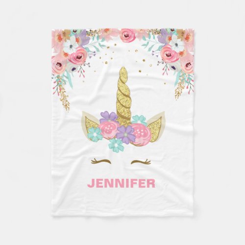 Unicorn Fleece Blanket personalized Girl Floral