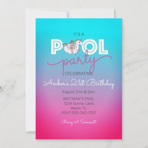 Unicorn Float Summer Pool 21st Birthday Party Pink Invitation