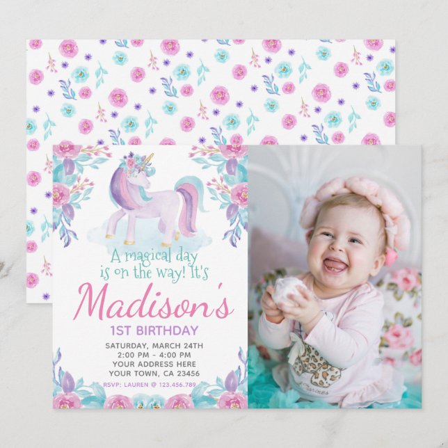 Unicorn Floral Birthday Invitation (Front/Back)