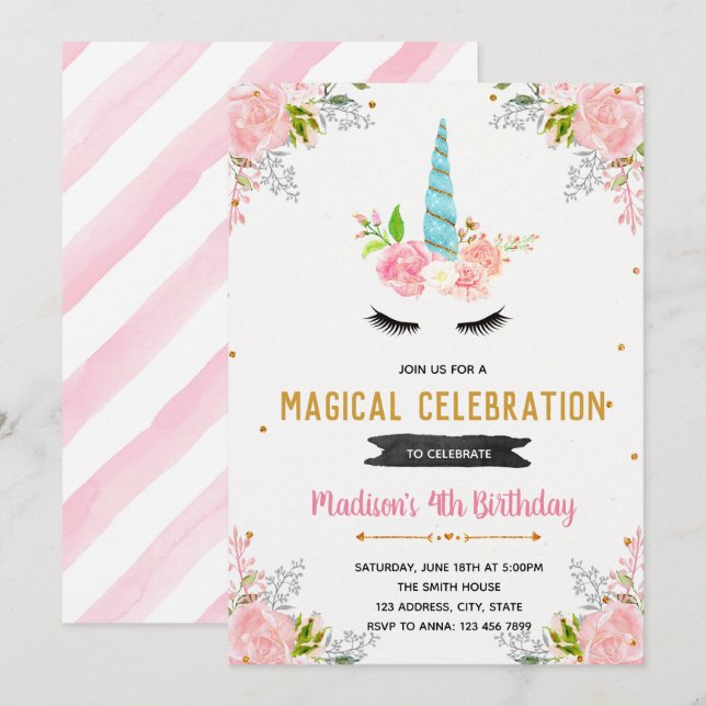 Unicorn floral birthday invitation (Front/Back)