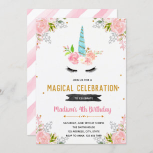 Unicorn floral birthday invitation