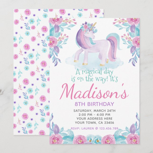 Unicorn Floral Birthday Invitation (Front/Back)