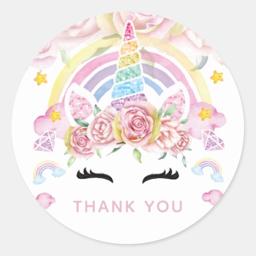 Unicorn Floral Birthday Thank you Classic Round Sticker