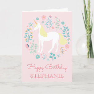 Unicorn Floral Blush Pink Personalized Birthday Card