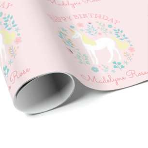 Unicorn Floral Blush Pink Personalized Birthday Wrapping Paper