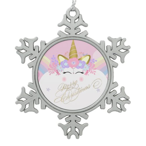 Unicorn Floral Crown, Merry Christmas Snowflake Pewter Christmas Ornament