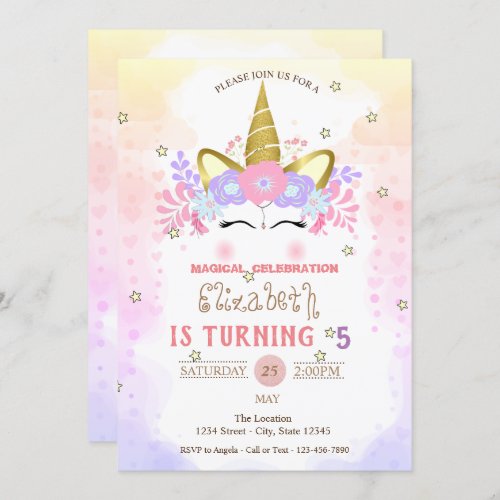 Unicorn Floral CrownPastel Birthday Invitation