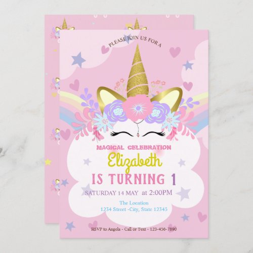 Unicorn Floral Crown Rainbow Hearts Stars Birthday Invitation