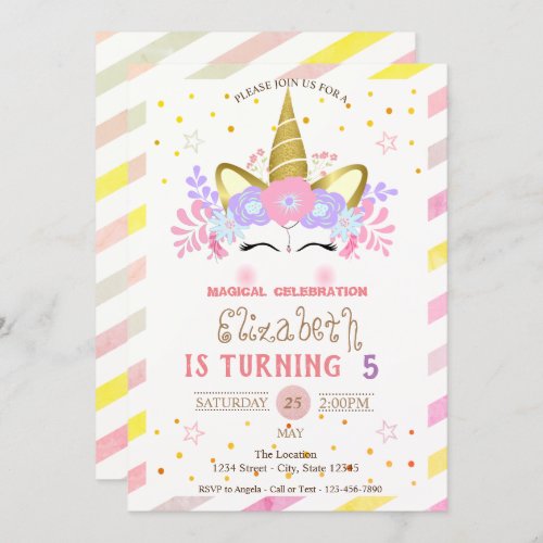 Unicorn Floral Crown Striped Birthday Invitation