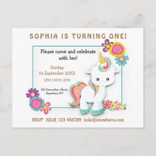 Unicorn Floral First Birthday Invitation White Postcard