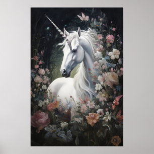 Unicorn Floral Forest Print, Dark Academia Wall Poster