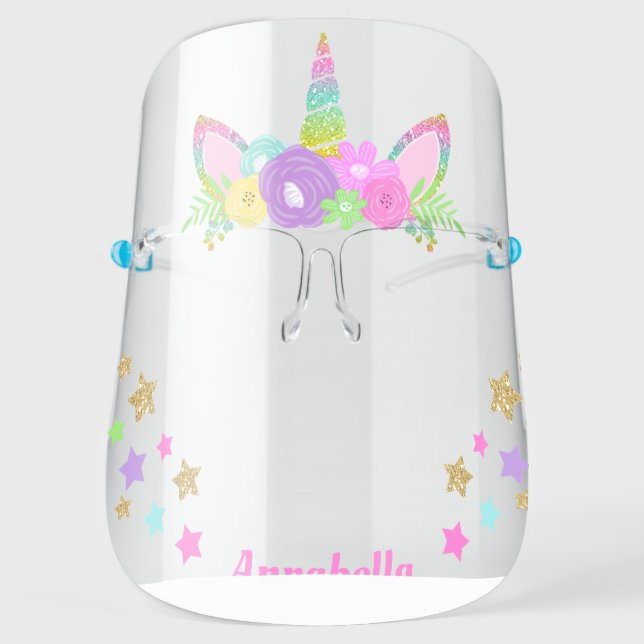 Unicorn Floral Gold Glitter Horn Personalized Face Face Shield (Front)