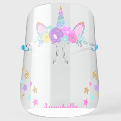 Unicorn Floral Gold Glitter Horn Personalized Face Shield
