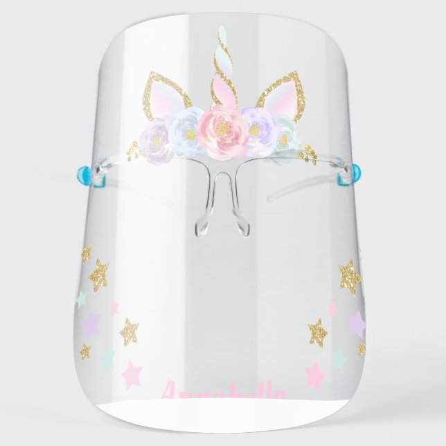 Unicorn Floral Gold Glitter Horn Personalized Face Shield (Front)