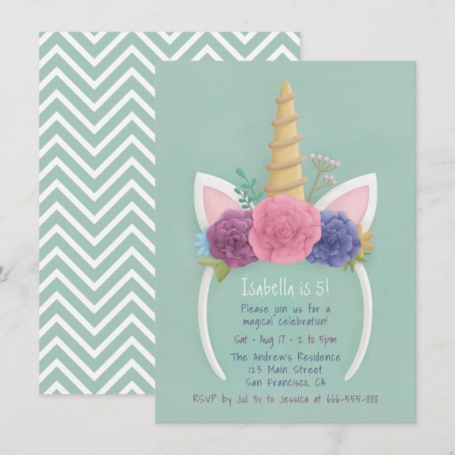Unicorn Floral Hairband Girls Birthday Party Invitation (Front/Back)