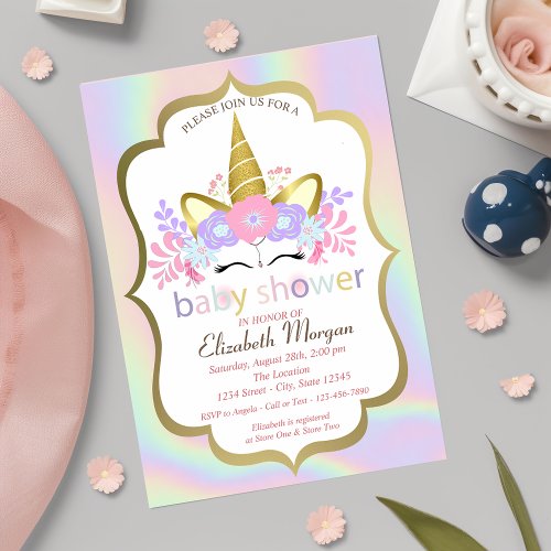 UnicornFloralHolographic Baby Shower Invitation