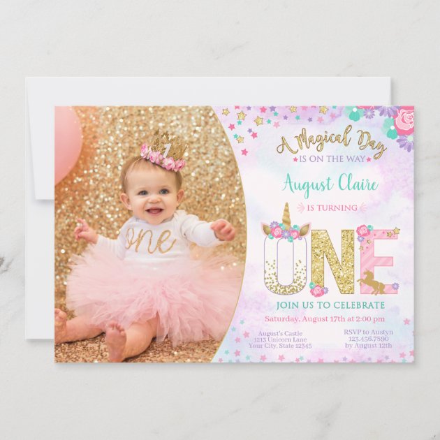 UNICORN INVITATION BIRTHDAY PARTY BABY PINK GLITTER PERSONALISED INVITES FLORAL 