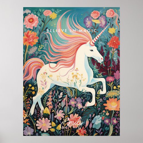 unicorn floral magical believe kids room poster