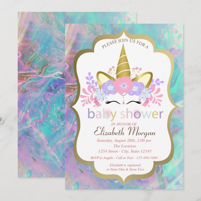Unicorn,Floral,Opal Baby Shower Invitation (Front/Back)
