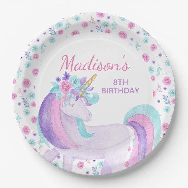 Unicorn Floral Paper Plates (Front)