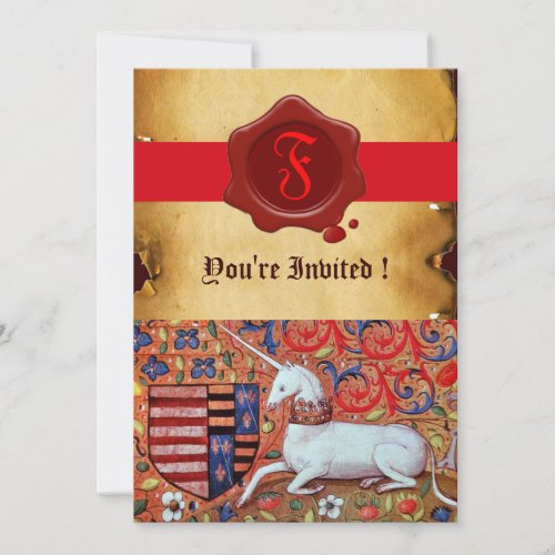 UNICORN FLORAL PARCHMENT RED WAX SEAL MONOGRAM INVITATION