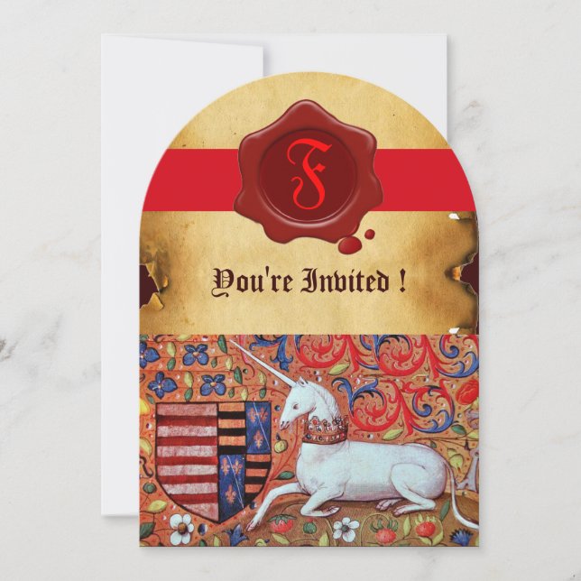 UNICORN FLORAL PARCHMENT RED WAX SEAL MONOGRAM INVITATION (Front)