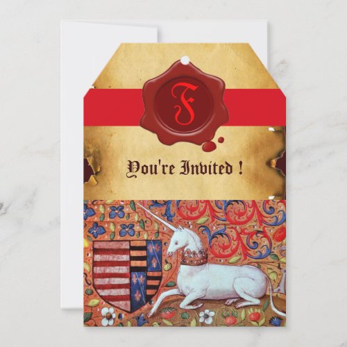 UNICORN FLORAL PARCHMENT RED WAX SEAL MONOGRAM INVITATION