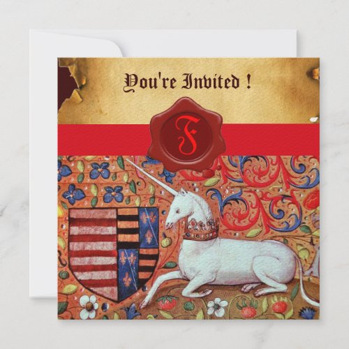 UNICORN FLORAL PARCHMENT RED WAX SEAL MONOGRAM INVITATION