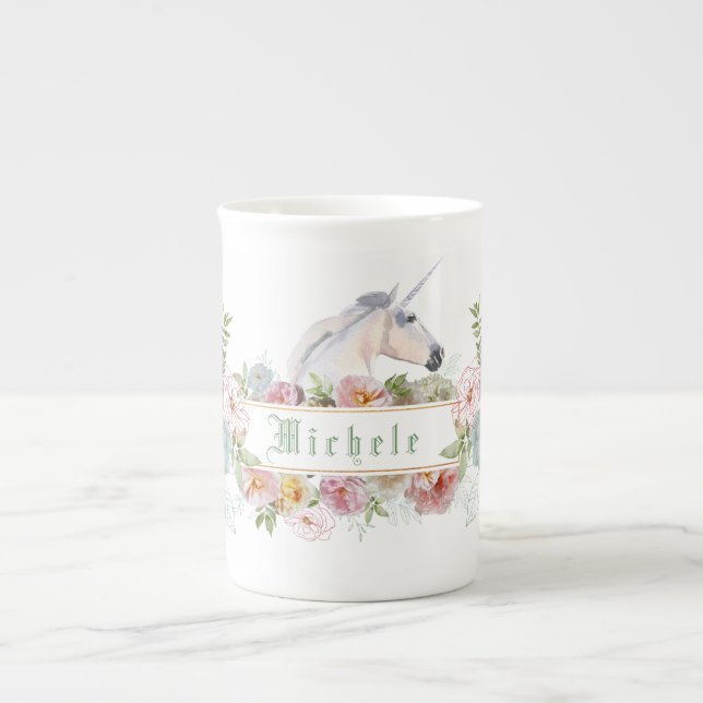 Unicorn Floral Personalized Bone China Mug (Front)